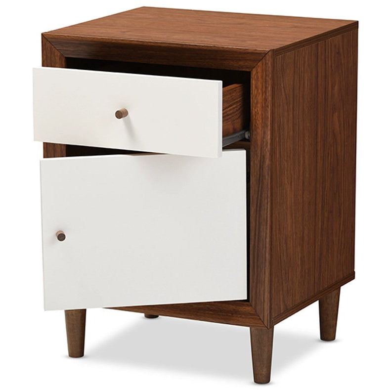 Baxton Studio Harlow Mid-century Modern Scandinavian Style White and Walnut Wood 1-drawer and 1-door Nightstand Baxton Studio-nightstands-Minimal And Modern - 4