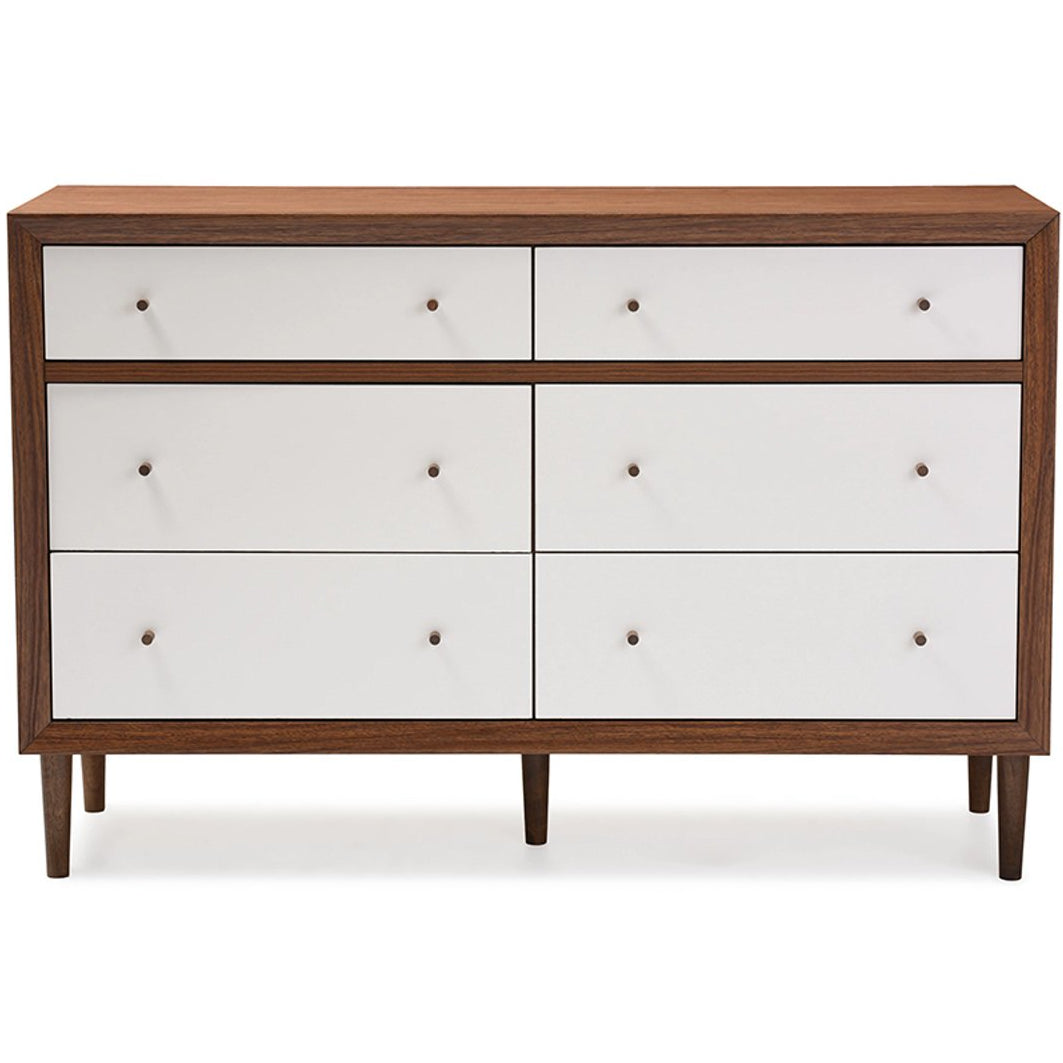 Baxton Studio Harlow Mid-century Modern Scandinavian Style White and Walnut Wood 6-drawer Storage Dresser Baxton Studio-Dresser-Minimal And Modern - 1