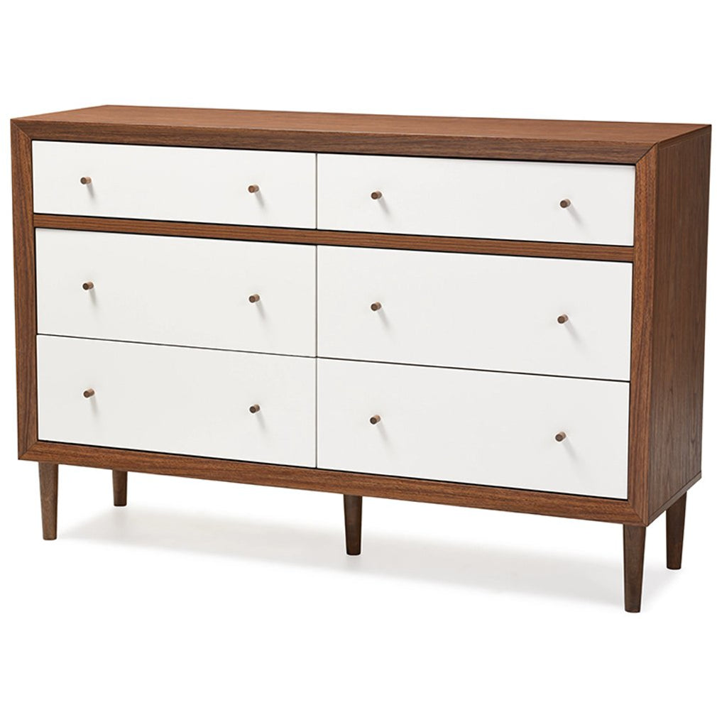 Baxton Studio Harlow Mid-century Modern Scandinavian Style White and Walnut Wood 6-drawer Storage Dresser Baxton Studio-Dresser-Minimal And Modern - 2