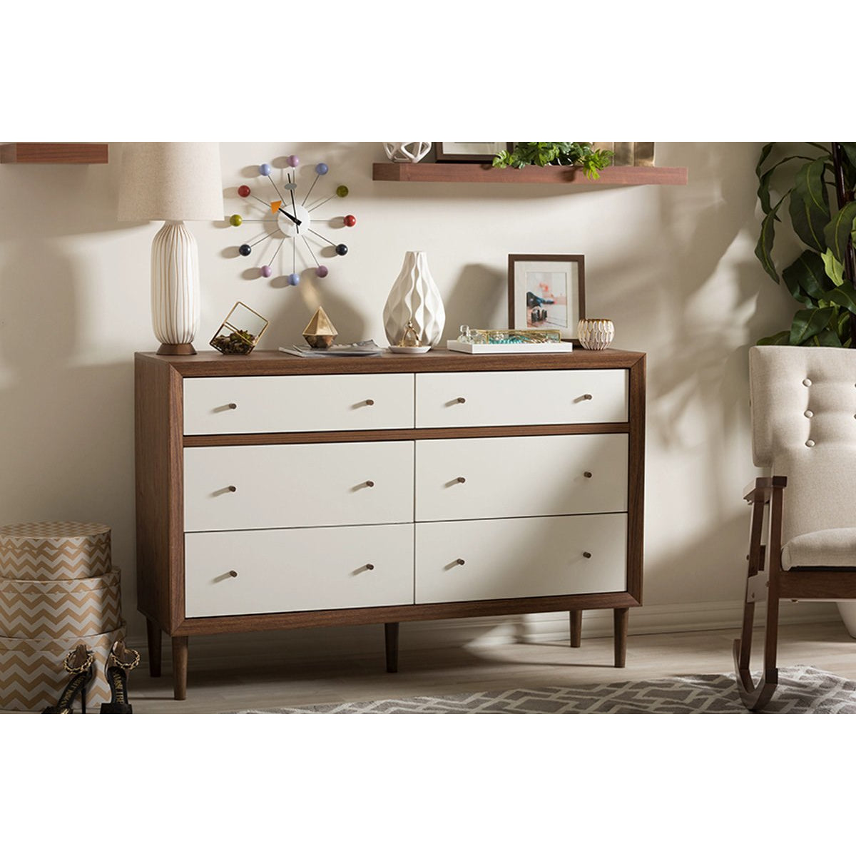 Baxton Studio Harlow Mid-century Modern Scandinavian Style White and Walnut Wood 6-drawer Storage Dresser Baxton Studio-Dresser-Minimal And Modern - 5