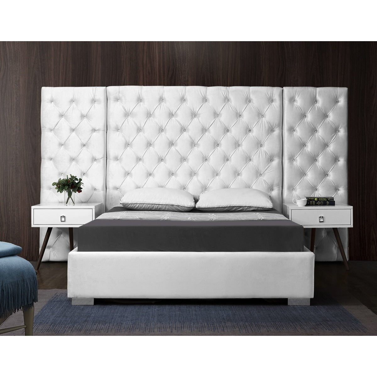 Meridian Furniture Grande White Velvet Queen Bed-Minimal & Modern