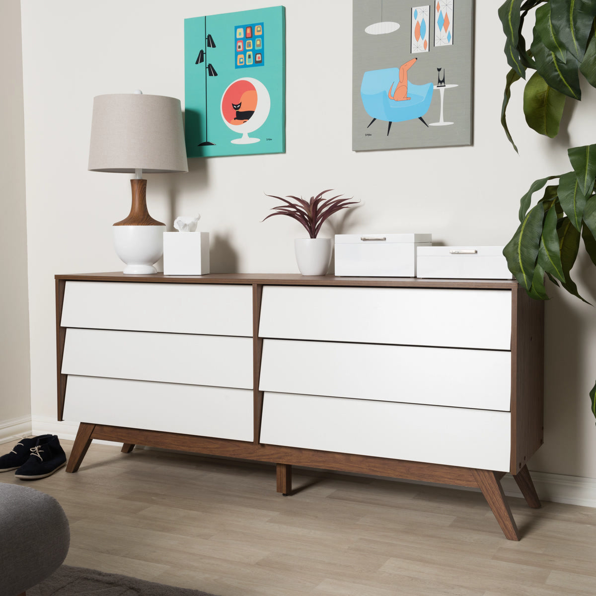 Baxton Studio Hildon Mid-Century Modern White and Walnut Wood 6-Drawer Storage Dresser  Baxton Studio-Dresser-Minimal And Modern - 1