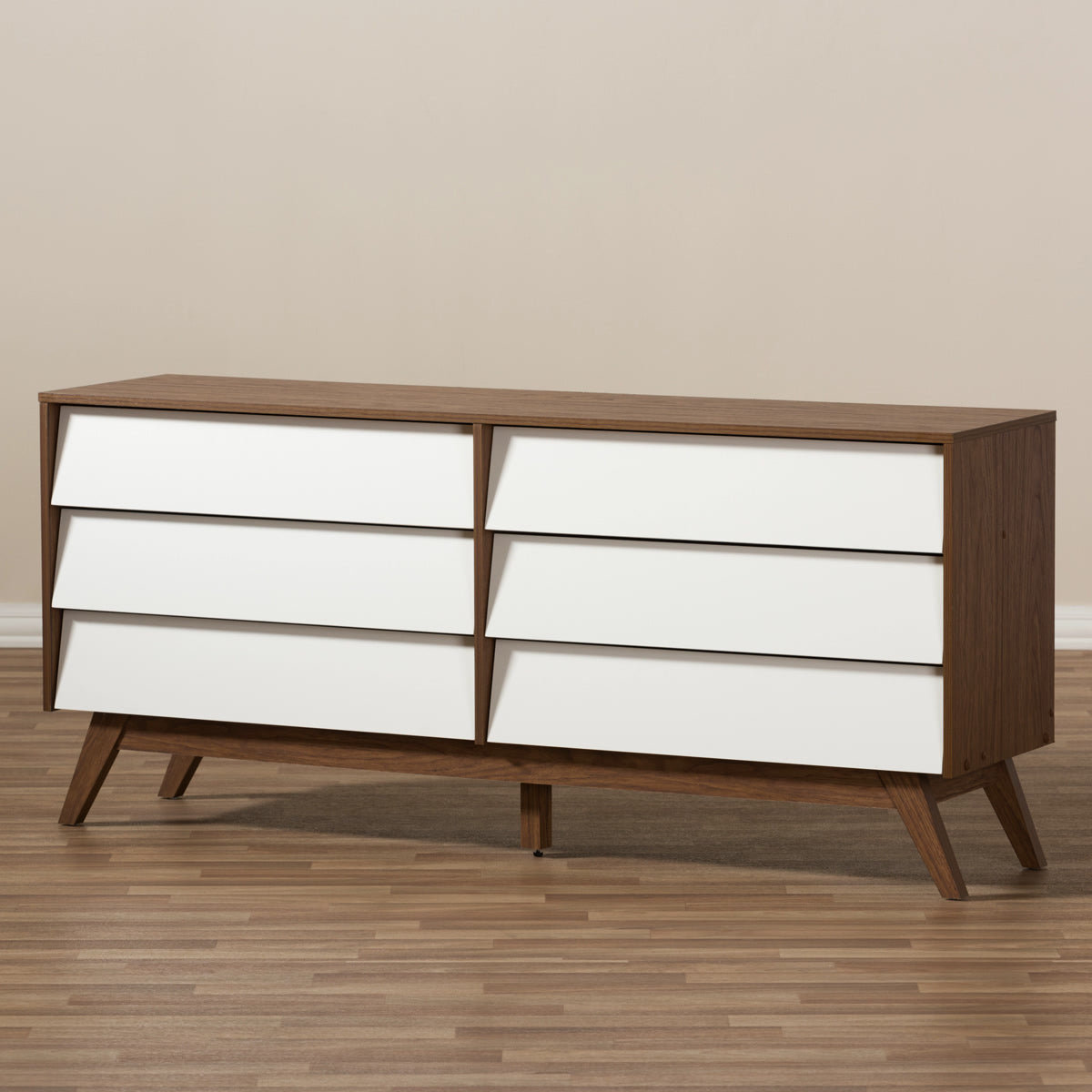 Baxton Studio Hildon Mid-Century Modern White and Walnut Wood 6-Drawer Storage Dresser  Baxton Studio-Dresser-Minimal And Modern - 6