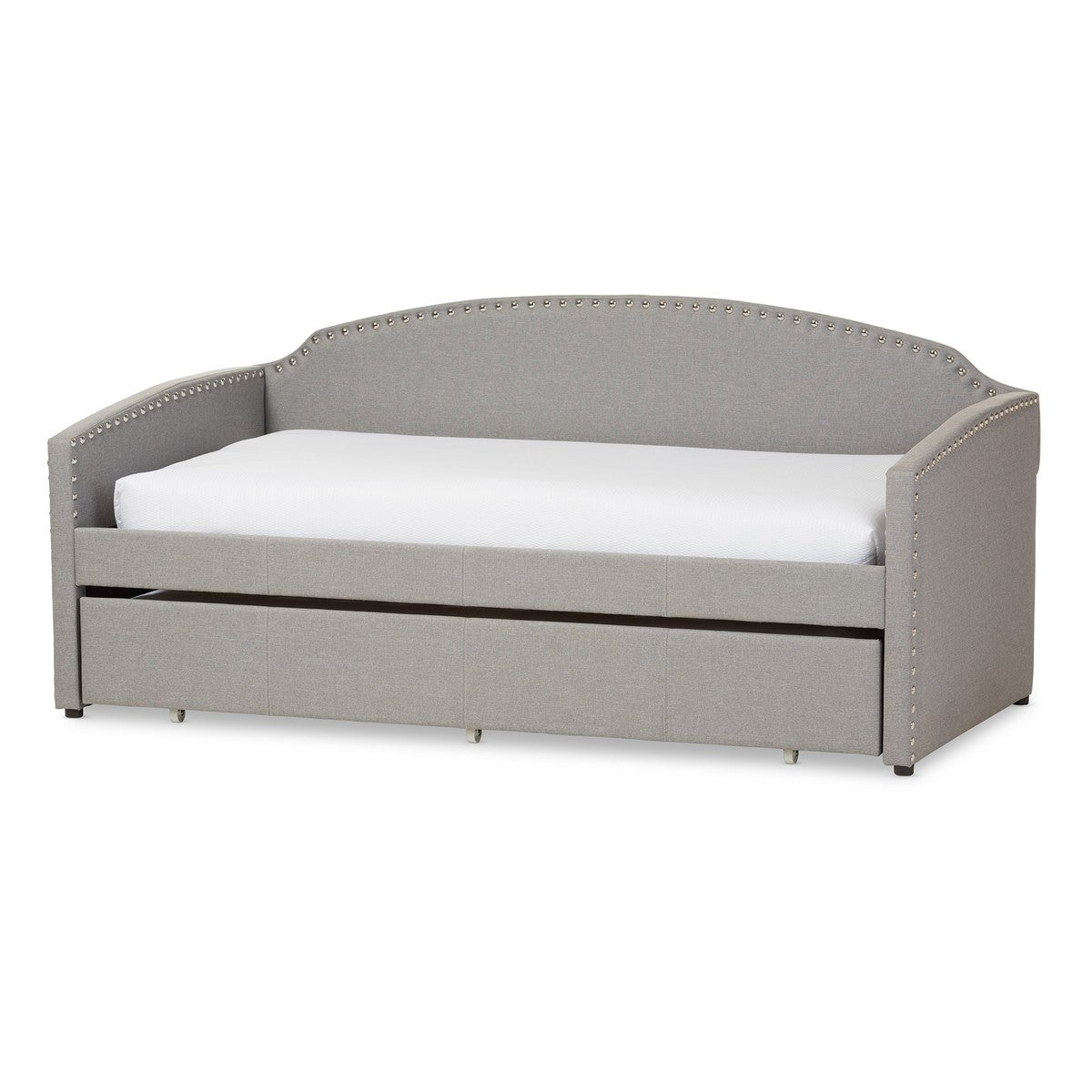 Baxton Studio Lanny Modern and Contemporary Grey Fabric Nail Heads Trimmed Arched Back Sofa Twin Daybed with Roll-Out Trundle Guest Bed Baxton Studio-daybed-Minimal And Modern - 1