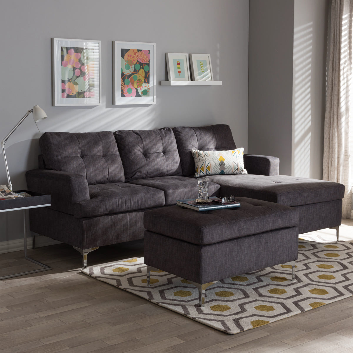 Baxton Studio Riley Modern and Contemporary Grey Fabric Upholstered 3-Piece Sectional Sofa with Ottoman Set Baxton Studio-sectionals-Minimal And Modern - 1