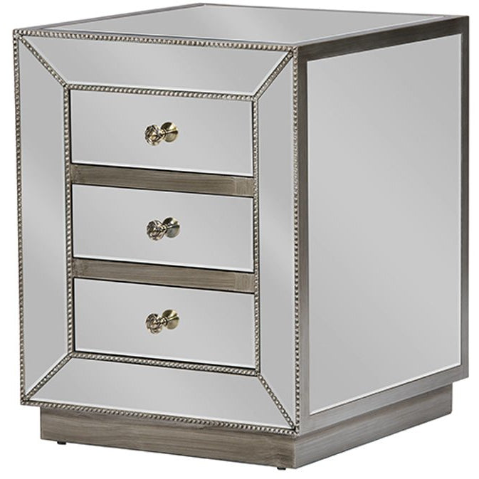 Baxton Studio Currin Contemporary Mirrored 3-Drawer Nightstand Baxton Studio-nightstands-Minimal And Modern - 2