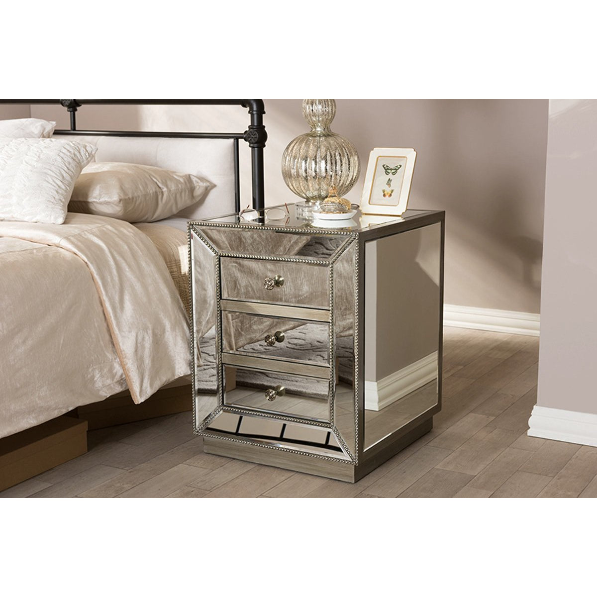 Baxton Studio Currin Contemporary Mirrored 3-Drawer Nightstand Baxton Studio-nightstands-Minimal And Modern - 5