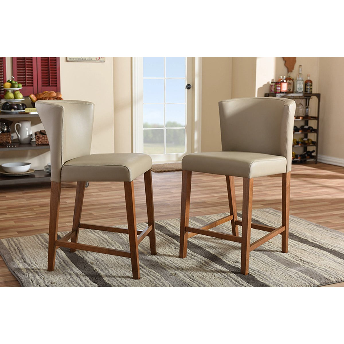 Baxton Studio Olivia Mid-century Modern Scandinavian Style Dark Walnut Wood Grey Faux Leather Pub Stool (Set of 2) Baxton Studio-Bar Stools-Minimal And Modern - 4