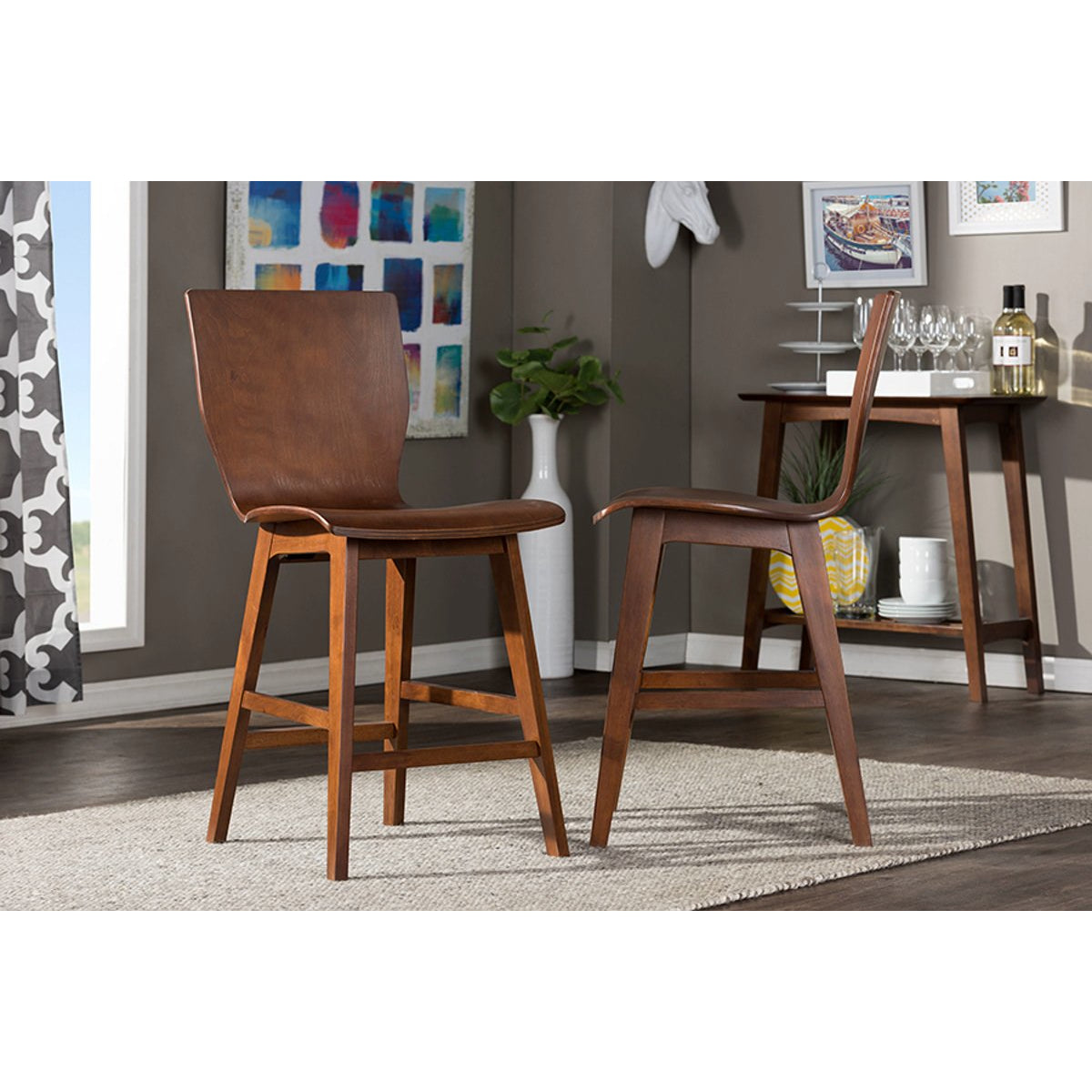 Baxton Studio Elsa Mid-century Modern Scandinavian Style Dark Walnut Bent Wood Counter Stool (Set of 2) Baxton Studio-Bar Stools-Minimal And Modern - 4