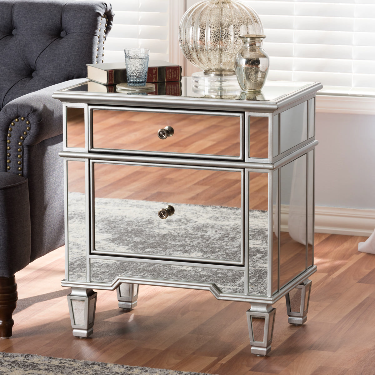 Baxton Studio Sussie Hollywood Regency Glamour Style Mirrored 2-Drawer Nightstand Baxton Studio-nightstands-Minimal And Modern - 6