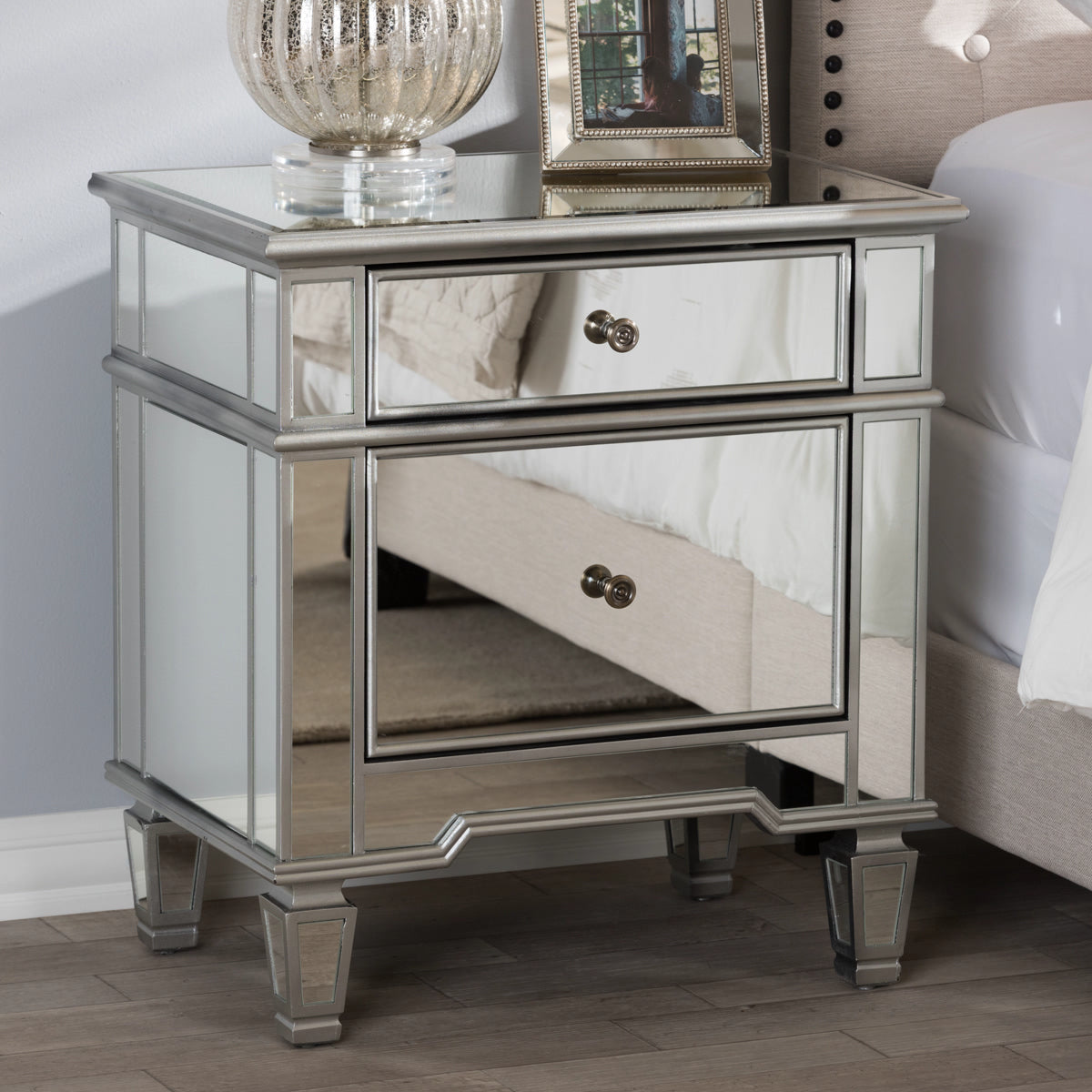 Baxton Studio Sussie Hollywood Regency Glamour Style Mirrored 2-Drawer Nightstand Baxton Studio-nightstands-Minimal And Modern - 1