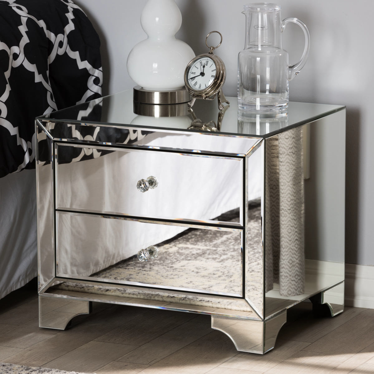 Baxton Studio Farrah Hollywood Regency Glamour Style Mirrored 2-Drawer Nightstand Baxton Studio-nightstands-Minimal And Modern - 1