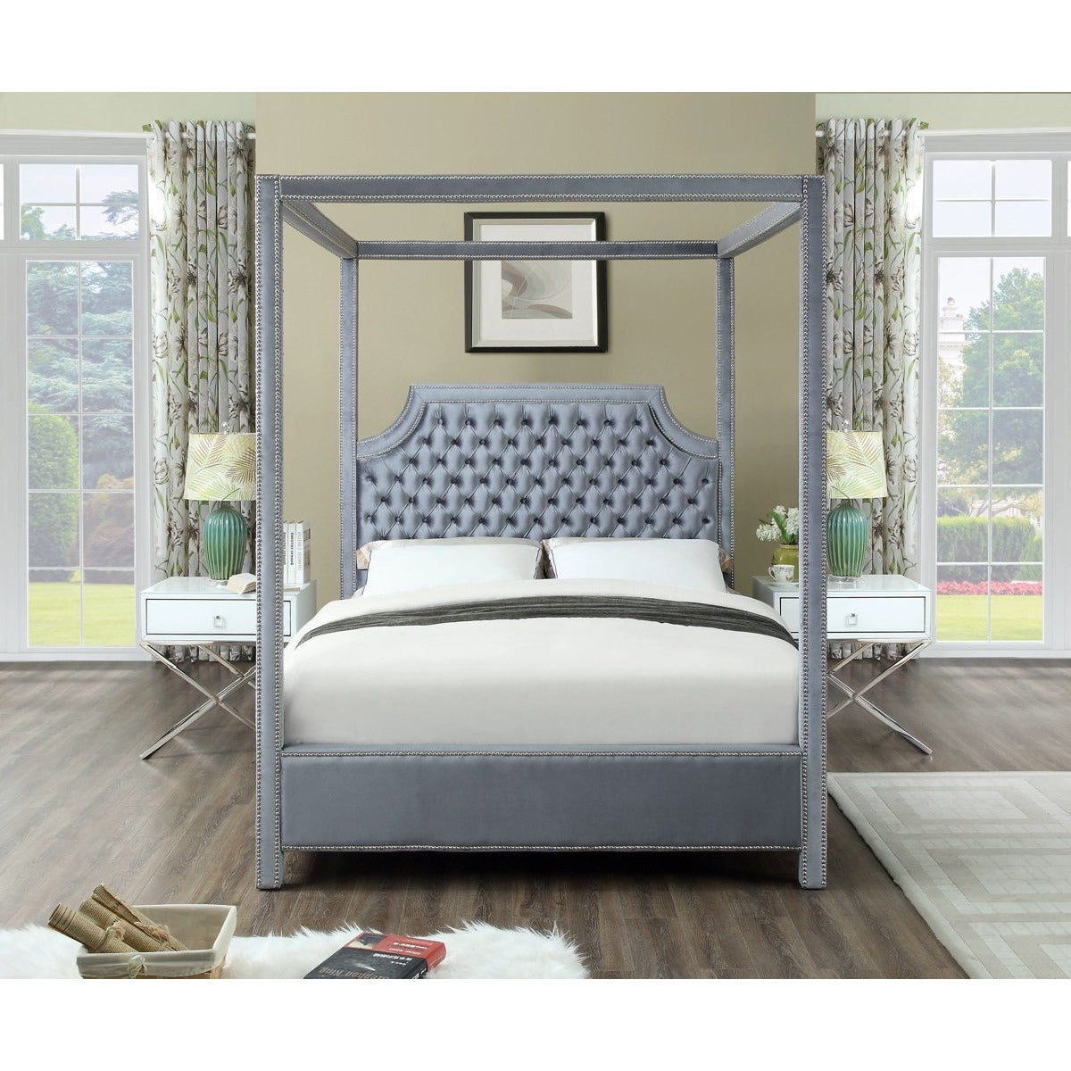 Meridian Furniture Rowan Grey Velvet Queen Bed-Minimal & Modern