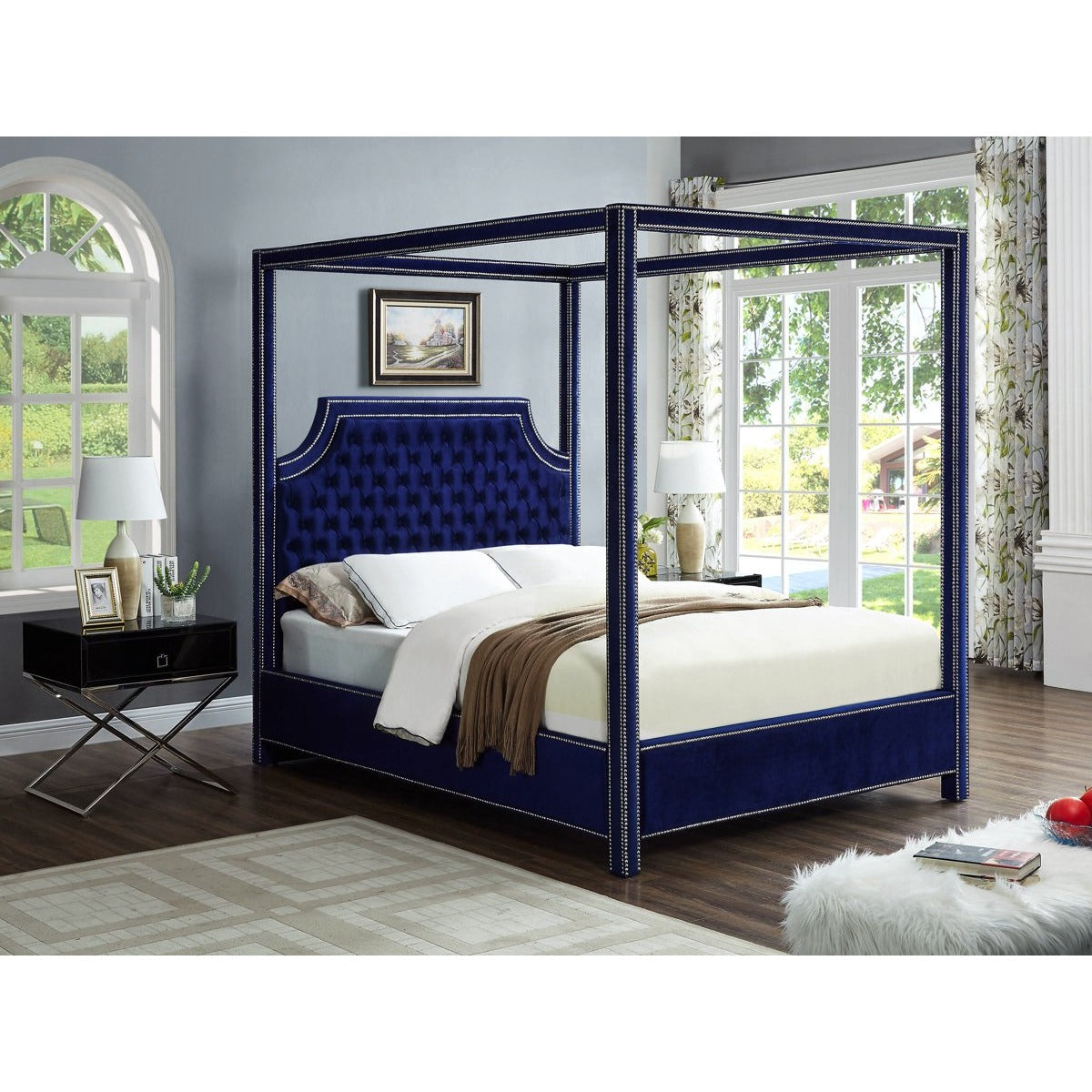 Meridian Furniture Rowan Navy Velvet Queen Bed-Minimal & Modern