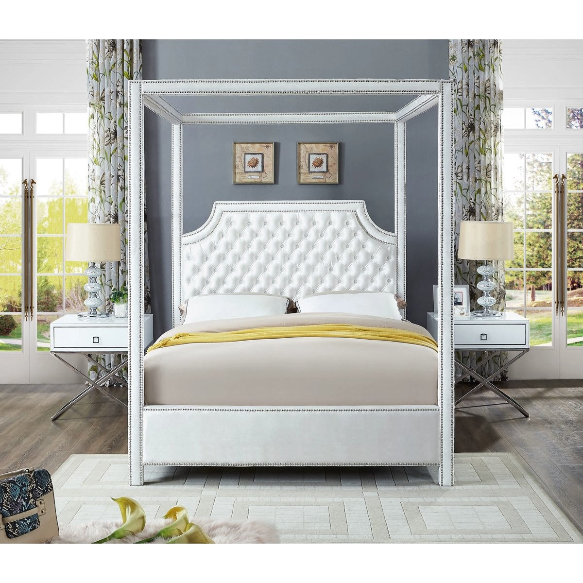 Meridian Furniture Rowan White Velvet King Bed-Minimal & Modern