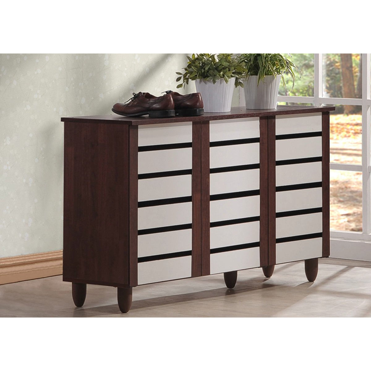 Baxton Studio Gisela Oak and White 2-tone Shoe Cabinet With 3 Doors Baxton Studio--Minimal And Modern - 6