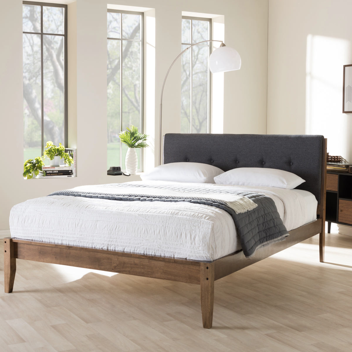 Baxton Studio Leyton Mid-Century Modern Grey Fabric Upholstered King Size Platform Bed  Baxton Studio-King Bed-Minimal And Modern - 1