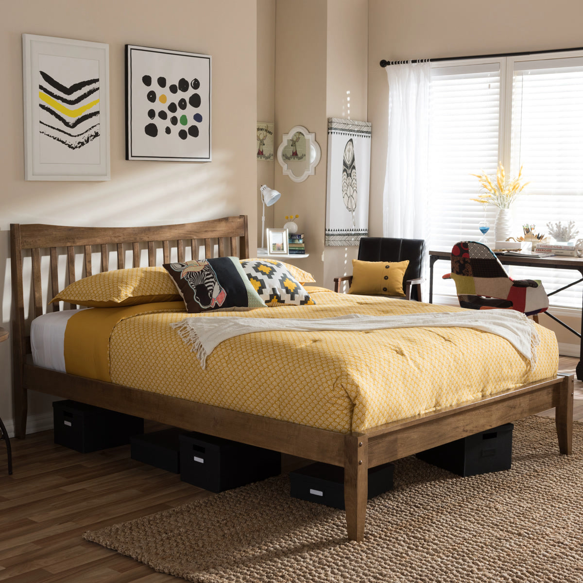 Baxton Studio Edeline Mid-Century Modern Solid Walnut Wood Curvaceous Slatted Full Size Platform Bed  Baxton Studio-Full Bed-Minimal And Modern - 1