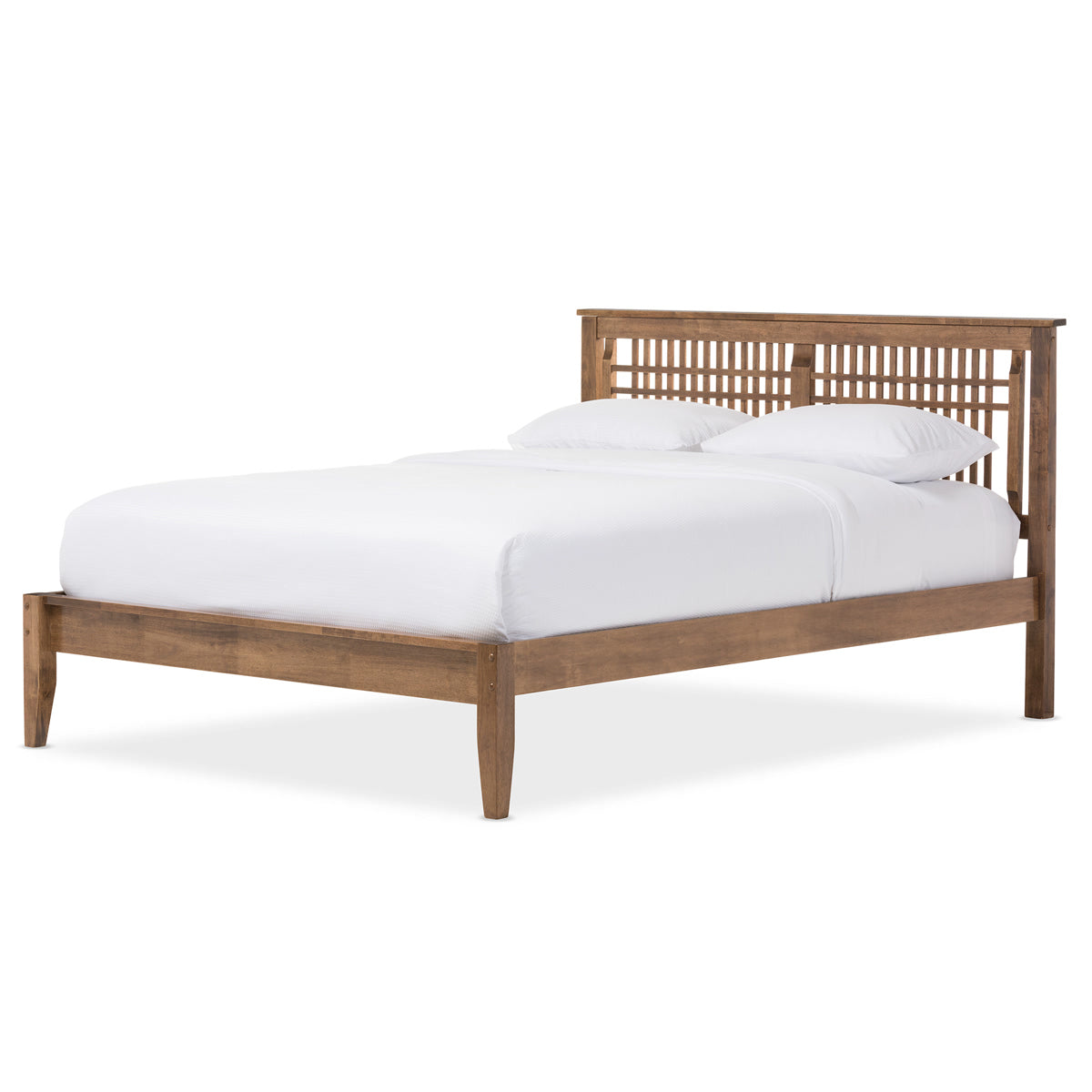 Baxton Studio Loafey Mid-Century Modern Solid Walnut Wood Window-Pane Style Queen Size Platform Bed  Baxton Studio-Queen Bed-Minimal And Modern - 2