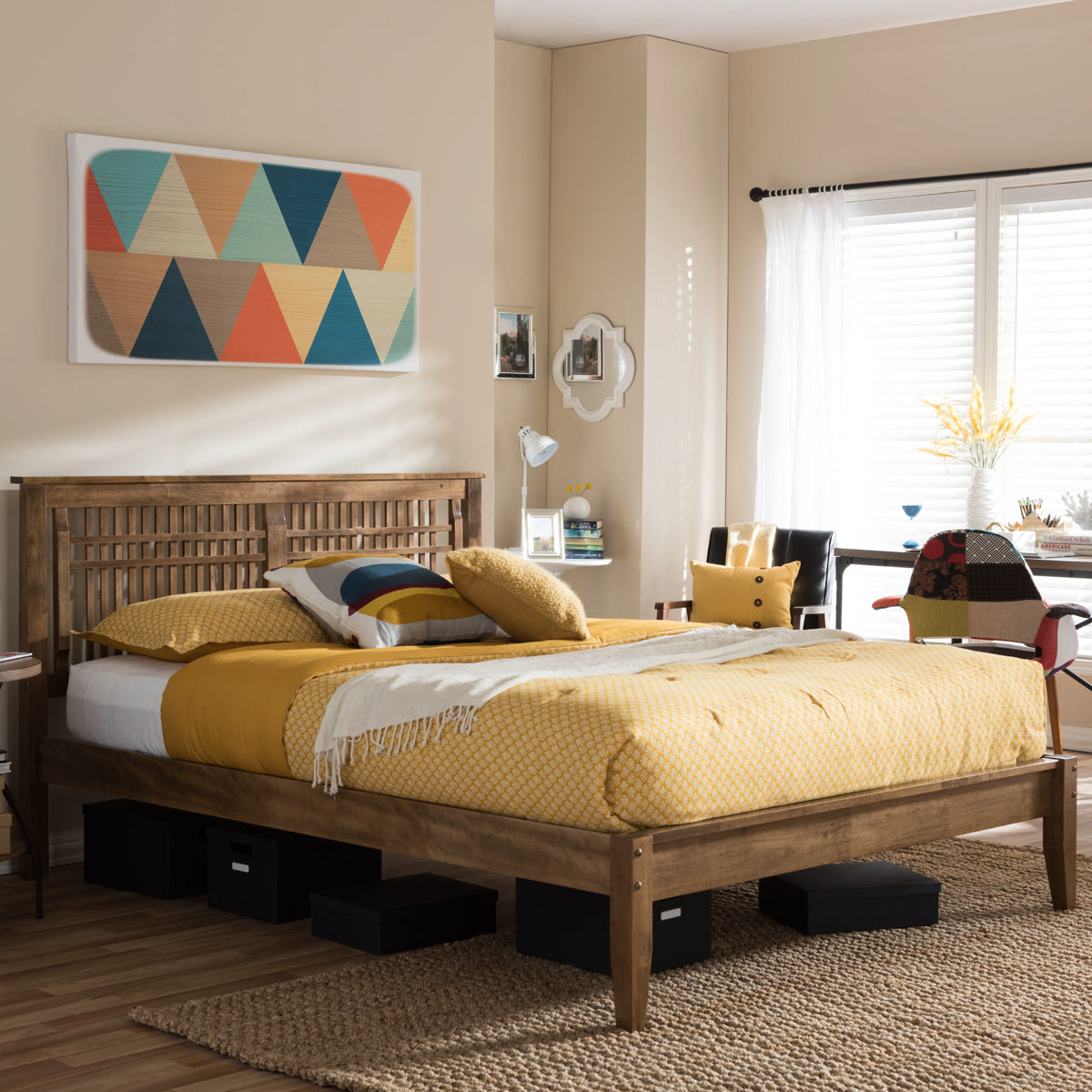 Baxton Studio Loafey Mid-Century Modern Solid Walnut Wood Window-Pane Style Queen Size Platform Bed  Baxton Studio-Queen Bed-Minimal And Modern - 1