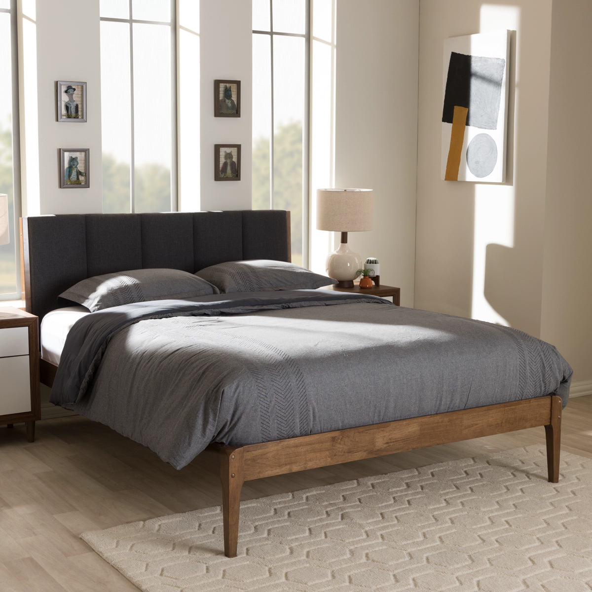 Baxton Studio Ember Mid-Century Dark Grey Fabric and Medium Brown Finish Wood Queen Size Platform Bed Baxton Studio-Queen Bed-Minimal And Modern - 7