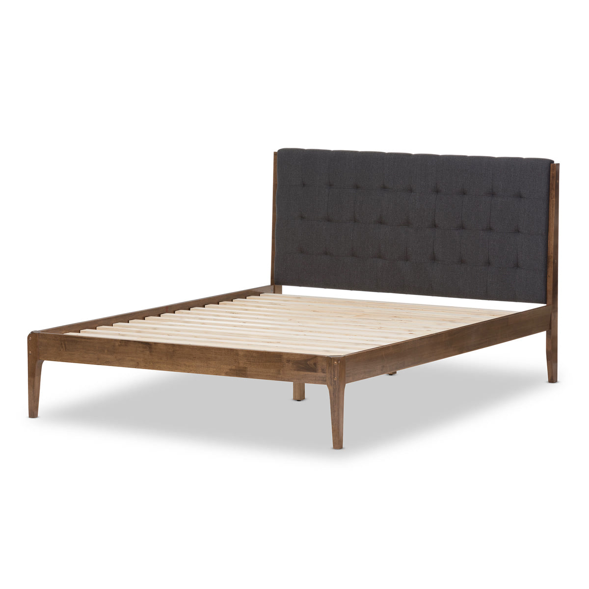 Baxton Studio Clifford Mid-Century Dark Grey Fabric and Medium Brown Finish Wood Queen Size Platform Bed Baxton Studio-Queen Bed-Minimal And Modern - 4