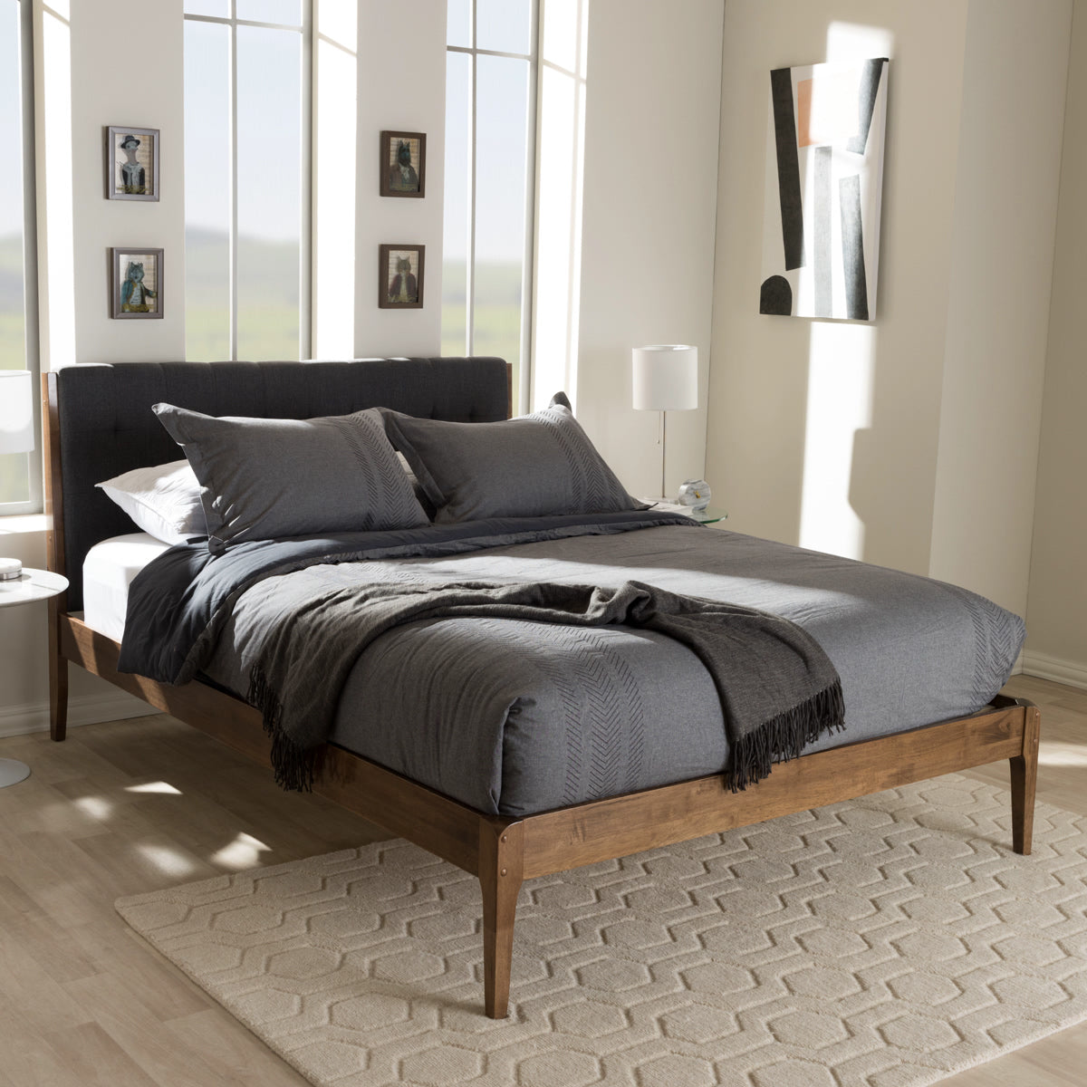 Baxton Studio Clifford Mid-Century Dark Grey Fabric and Medium Brown Finish Wood King Size Platform Bed Baxton Studio-King Bed-Minimal And Modern - 7