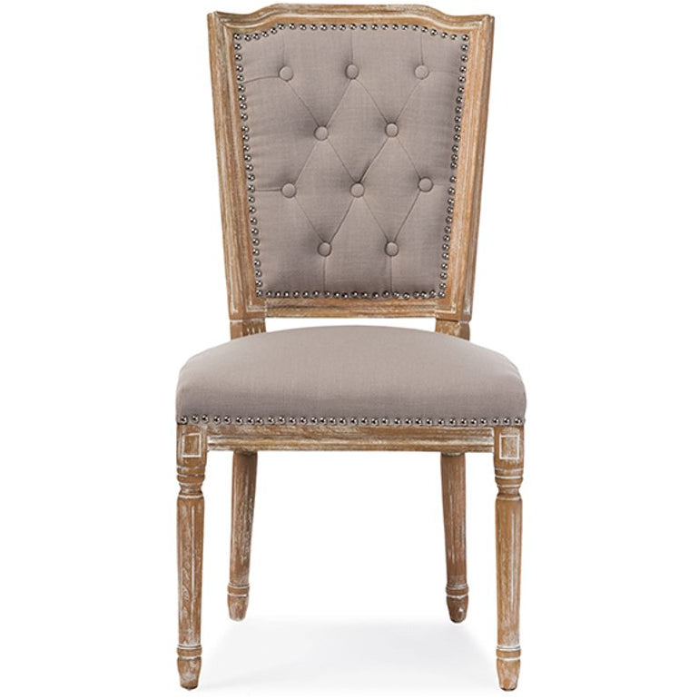 Baxton Studio Estelle Chic Rustic French Country Cottage Weathered Oak Beige Fabric Button-tufted Upholstered Dining Chair Baxton Studio-dining chair-Minimal And Modern - 1