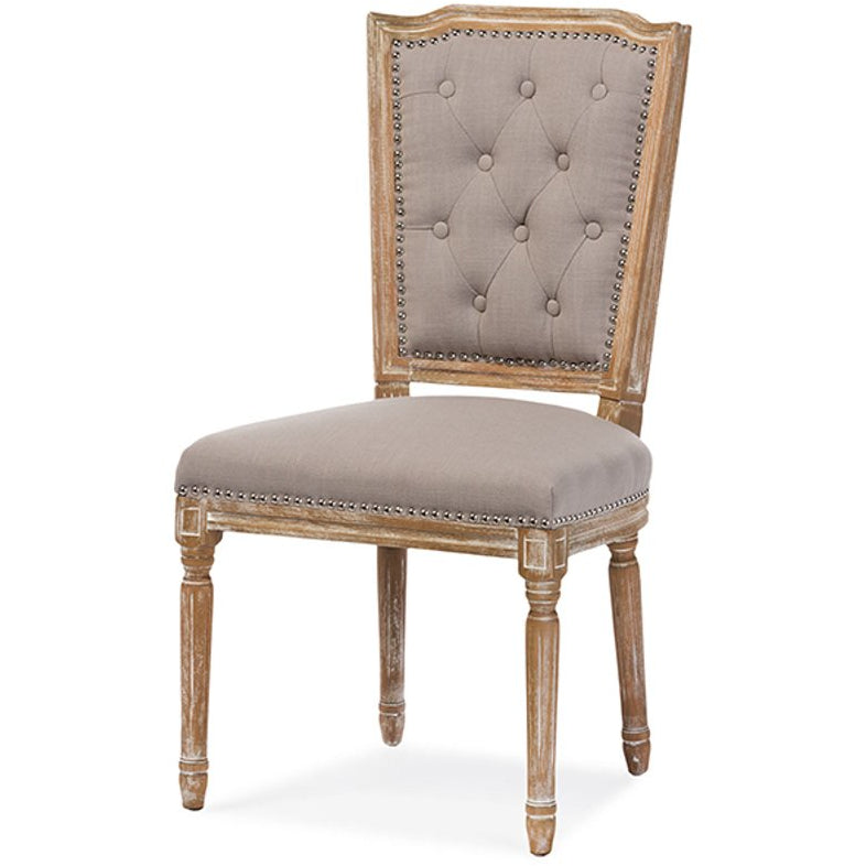 Baxton Studio Estelle Chic Rustic French Country Cottage Weathered Oak Beige Fabric Button-tufted Upholstered Dining Chair Baxton Studio-dining chair-Minimal And Modern - 2