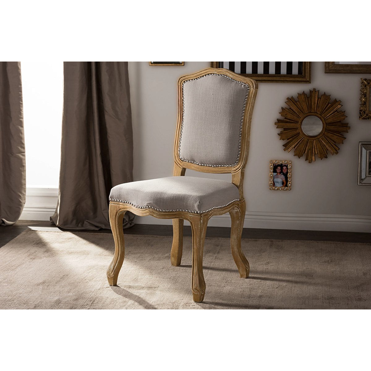 Baxton Studio Chateauneuf French Vintage Cottage Weathered Oak Beige Fabric Upholstered Dining Side Chair Baxton Studio-dining chair-Minimal And Modern - 6