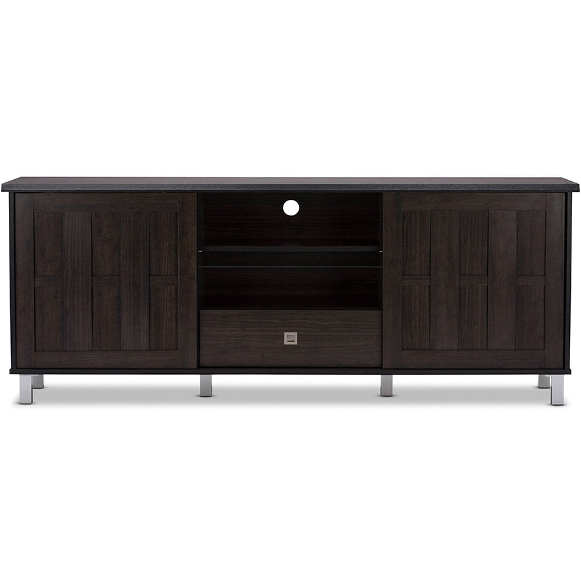 Baxton Studio Unna 70-Inch Dark Brown Wood TV Cabinet with 2 Sliding Doors and Drawer Baxton Studio-TV Stands-Minimal And Modern - 1