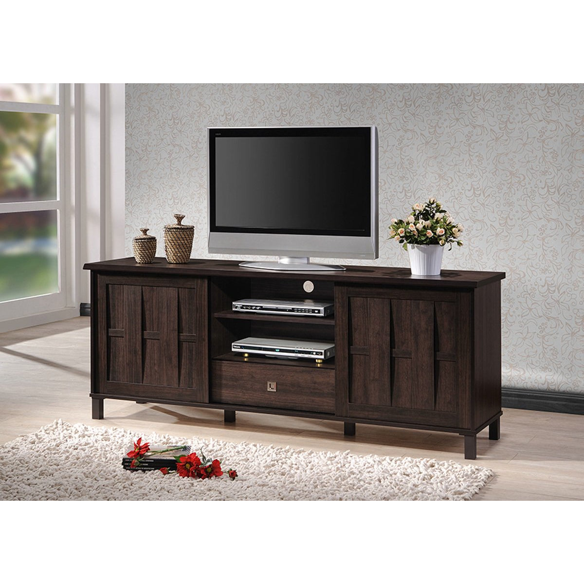 Baxton Studio Unna 70-Inch Dark Brown Wood TV Cabinet with 2 Sliding Doors and Drawer Baxton Studio-TV Stands-Minimal And Modern - 7