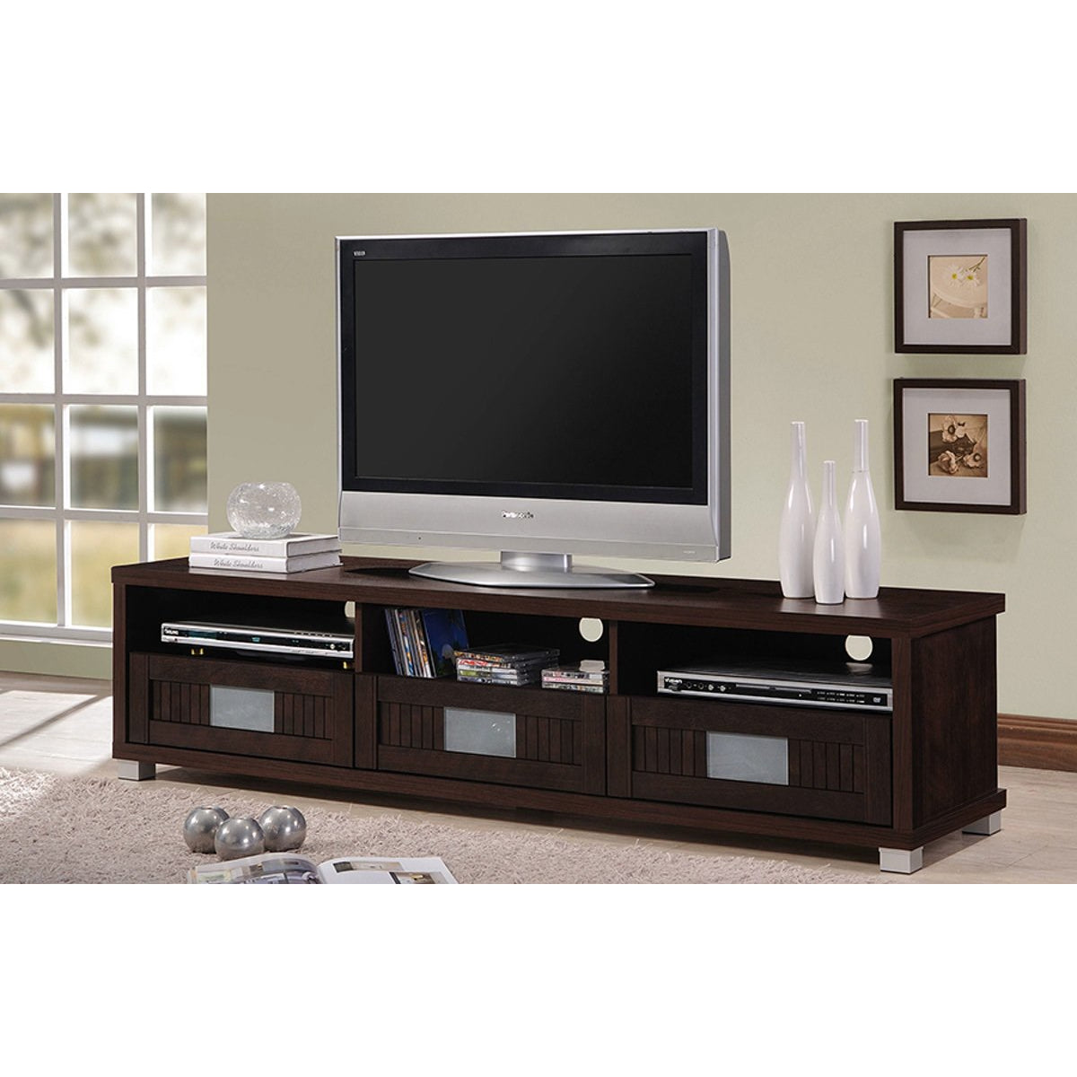 Baxton Studio Gerhardine Dark Brown Wood 63-Inch TV Cabinet with 3-drawer Baxton Studio-TV Stands-Minimal And Modern - 6