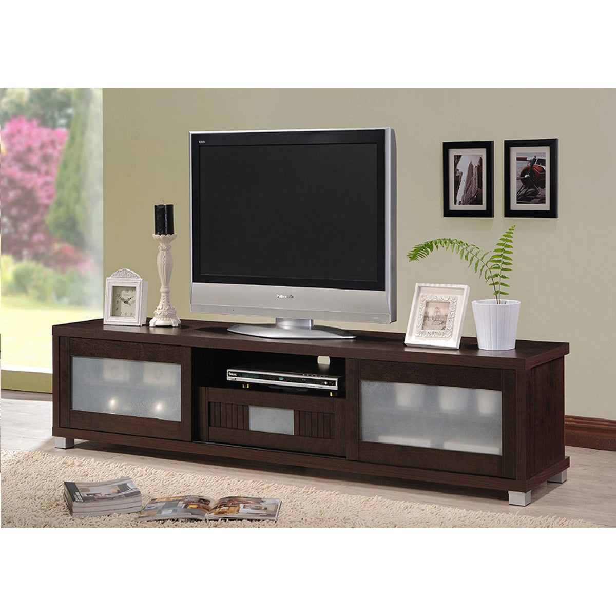 Baxton Studio Gerhardine Dark Brown Wood 70-inch TV Cabinet with 2 Sliding Doors and Drawer Baxton Studio-TV Stands-Minimal And Modern - 7