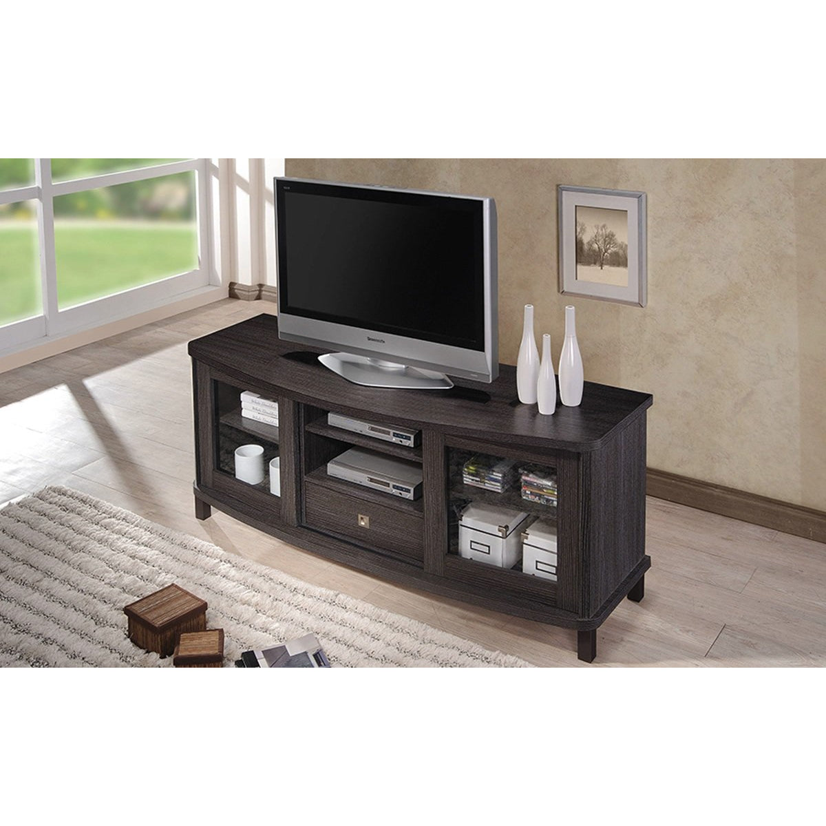 Baxton Studio Walda 60-Inch Dark Brown Wood TV Cabinet with 2 Sliding Doors and 1 Drawer Baxton Studio-TV Stands-Minimal And Modern - 7