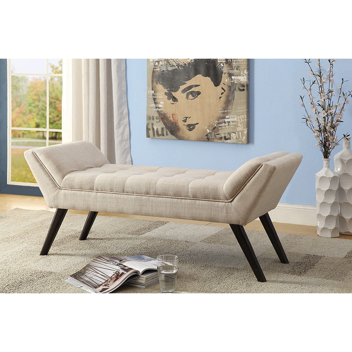 Baxton Studio Tamblin Mid-century Modern Retro Beige Linen Fabric Upholstered Grid-Tufting 50-Inch Bench Baxton Studio-benches-Minimal And Modern - 4