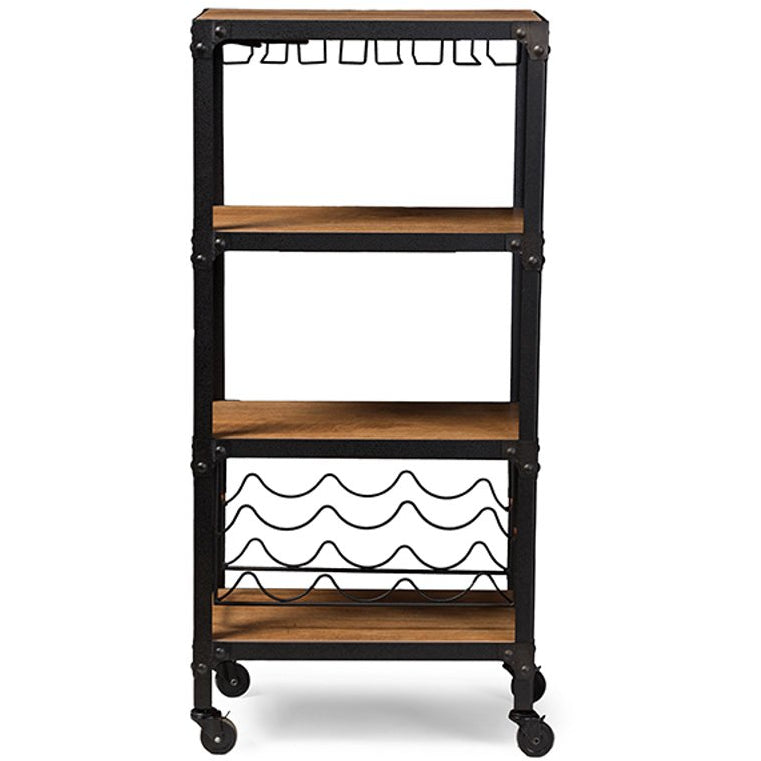 Baxton Studio Swanson Rustic Industrial Style Antique Black Textured Finish Metal Distressed Wood Mobile Kitchen Bar Wine Storage Shelf Baxton Studio--Minimal And Modern - 1