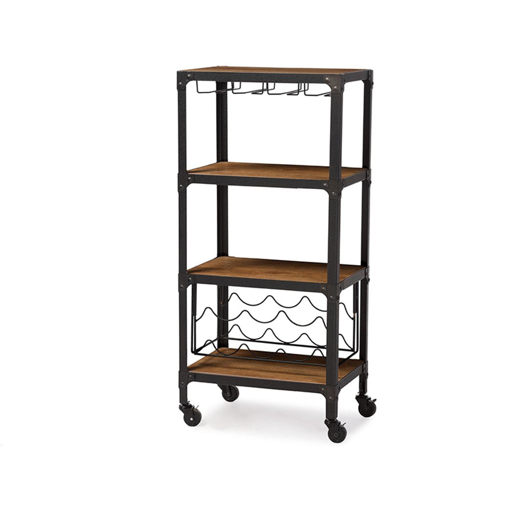 Baxton Studio Swanson Rustic Industrial Style Antique Black Textured Finish Metal Distressed Wood Mobile Kitchen Bar Wine Storage Shelf Baxton Studio--Minimal And Modern - 2