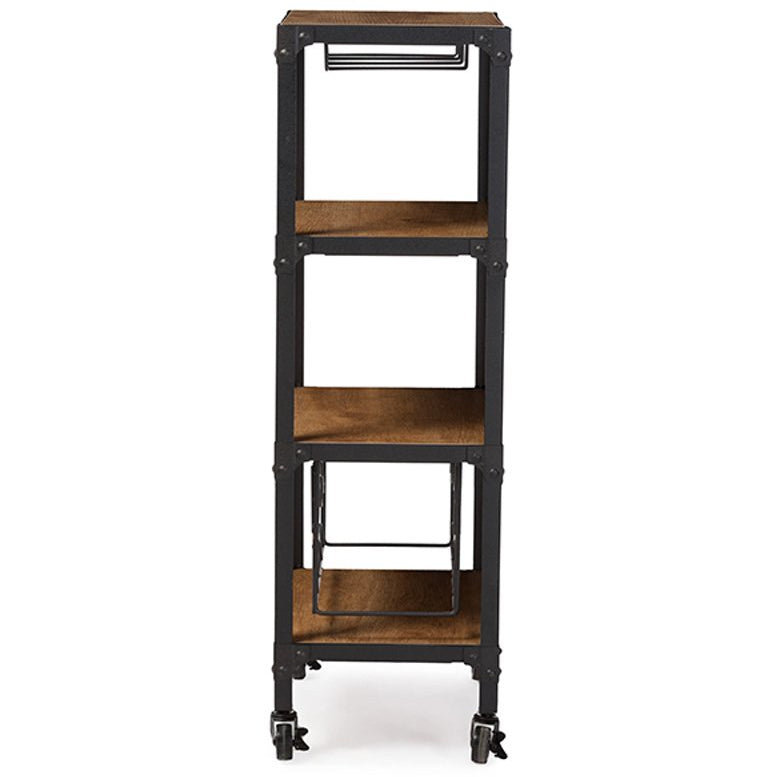 Baxton Studio Swanson Rustic Industrial Style Antique Black Textured Finish Metal Distressed Wood Mobile Kitchen Bar Wine Storage Shelf Baxton Studio--Minimal And Modern - 3