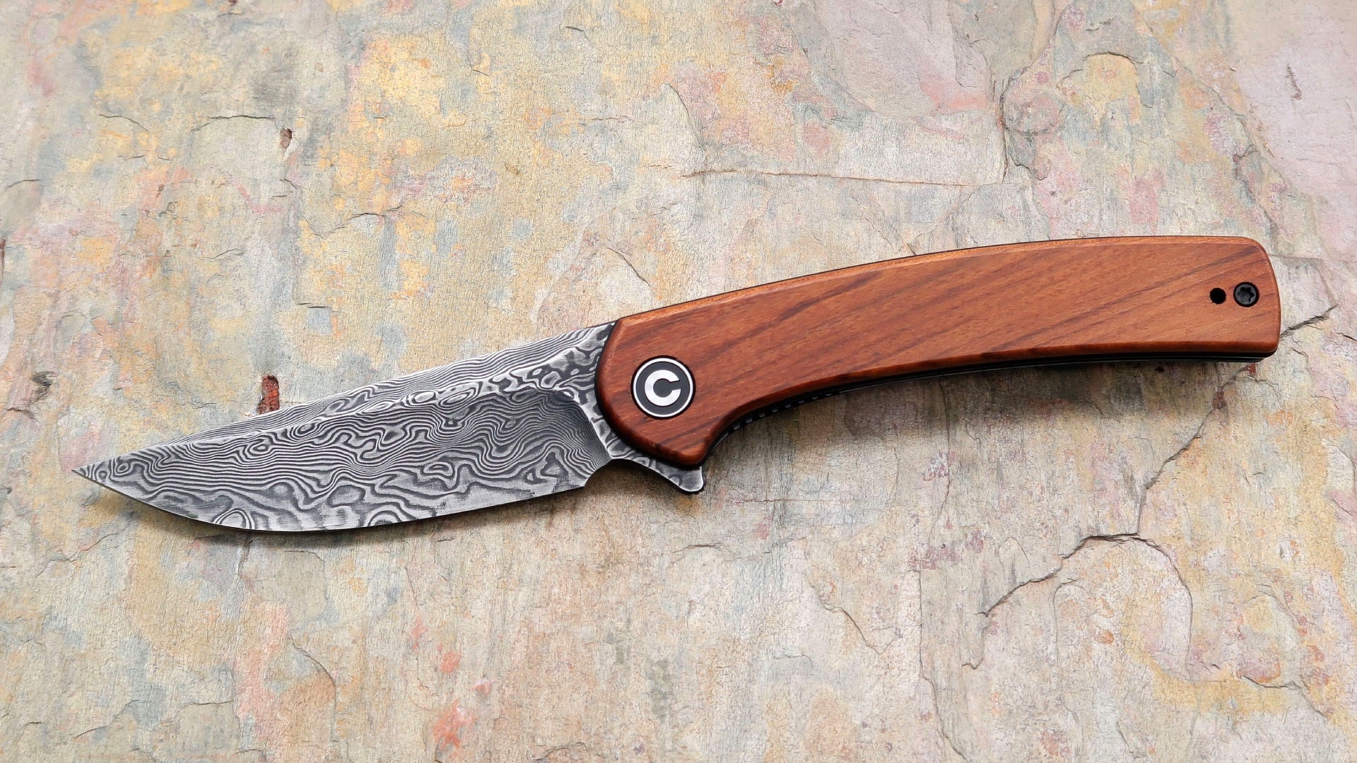 Civivi Damascus Mini Asticus Flipper, Cuibourtia Wood Handle C19026B-DS2