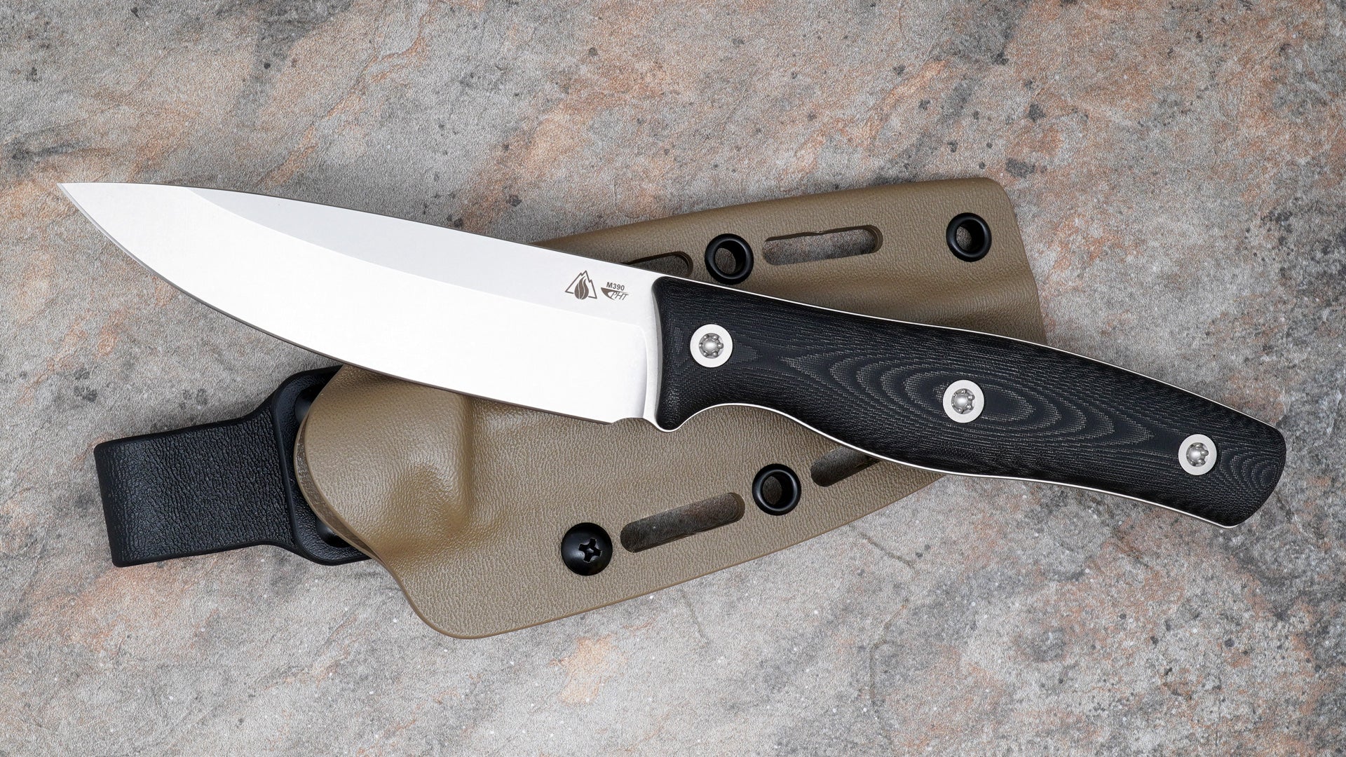 Survive EDC 4 Saber M390, Black Linen Micarta Handle and Tan Sheath