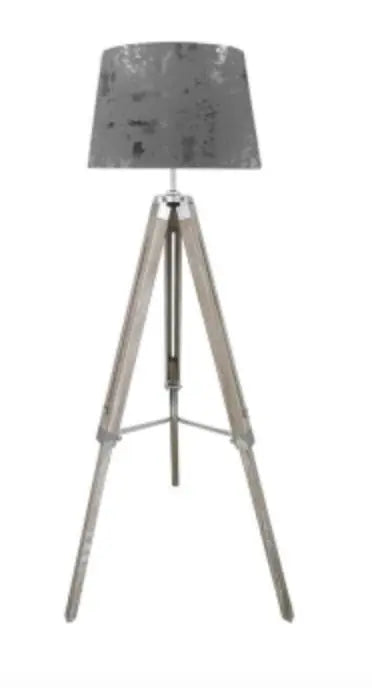 Grey Wood Tripod Floor Lamp Linen Empire Grey Shade House of Fleur