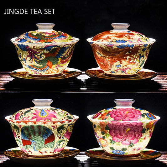 Blue Ceramic Gaiwan Tea Cup Portable Boutique Personal Tea Bowl with Lid  Large Hand-grabbing Bowl Household Tea Set Accessories