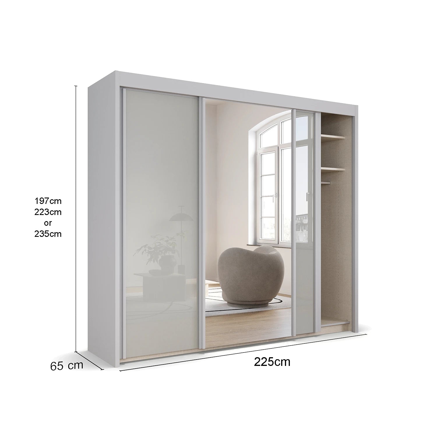 Rauch Amalfi 225cm Silk Grey Glass & Mirror Front Sliding Door Wardrobe available in 3 Height 197cm, 223cm, or 235cm