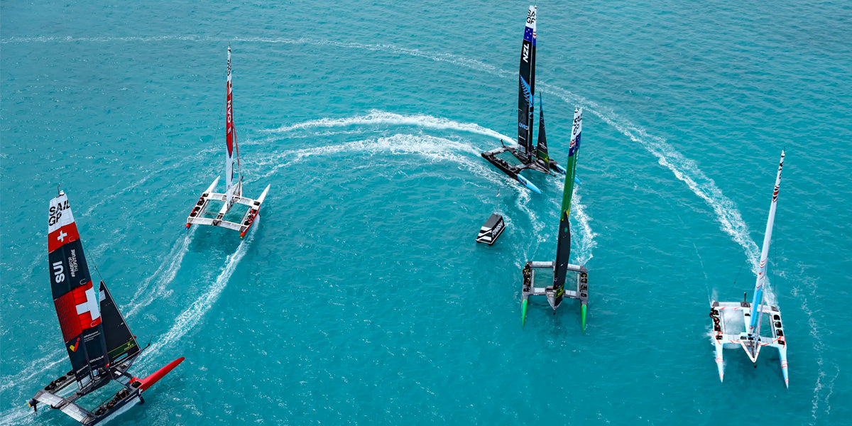 The SailGP F50 racing catamaran fleet practices ahead of Bermuda SailGP