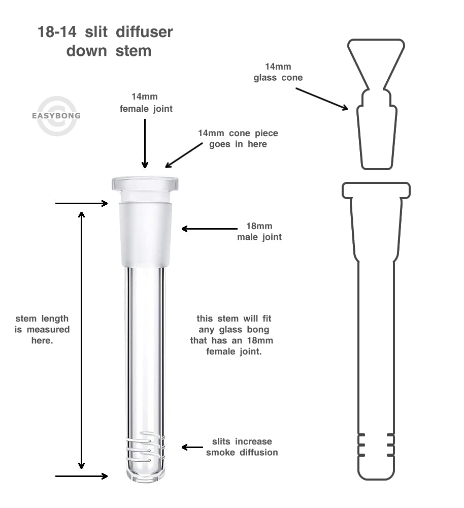 Diagram of 18-14mm glass down stem for glass bongs