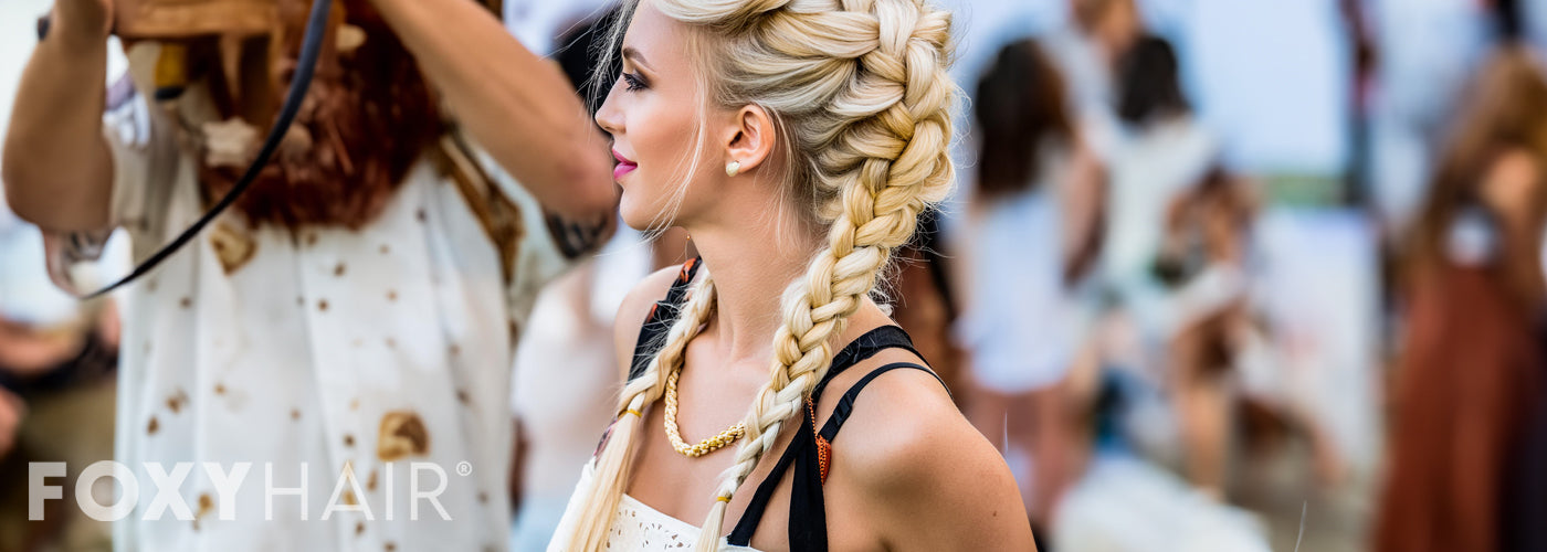 woman at festival with French Plaits
