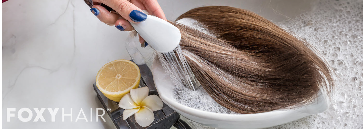 Hair extensions being gently washed and conditioned