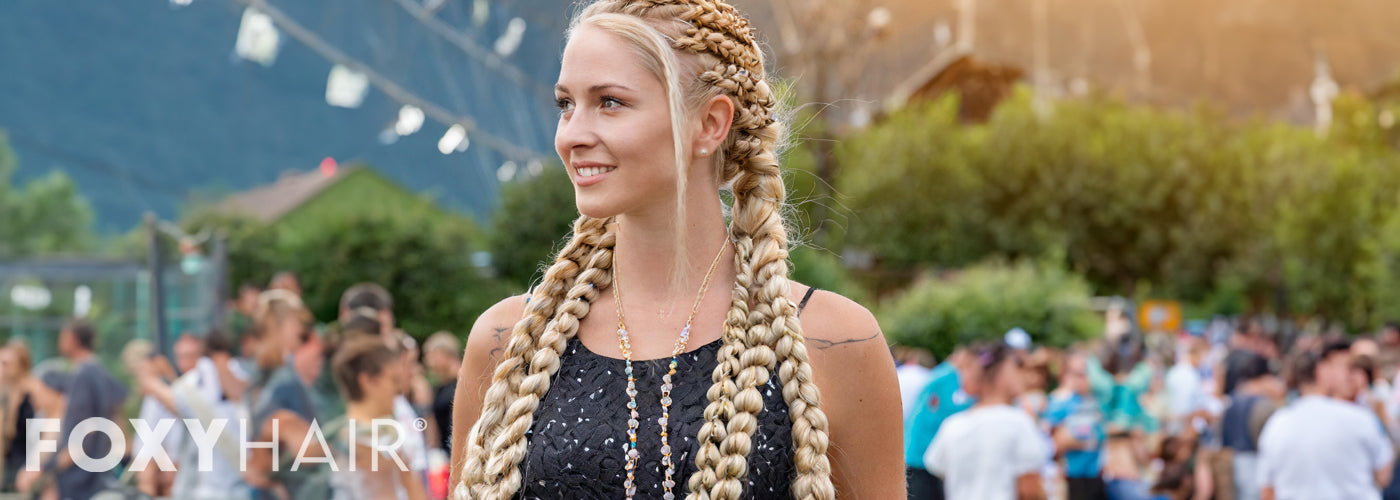 woman with blonde rave braids at festival