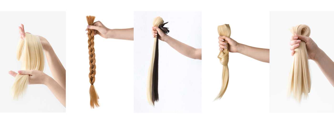 Different types and textures of 20-inch clip-in hair extensions